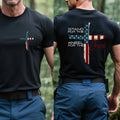 Black two-sided graphic T-shirt with cross flag on front and back