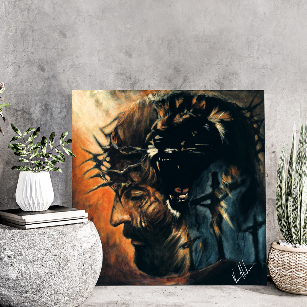 Framed lion head portrait art print, profile view with orange and dark blue tones