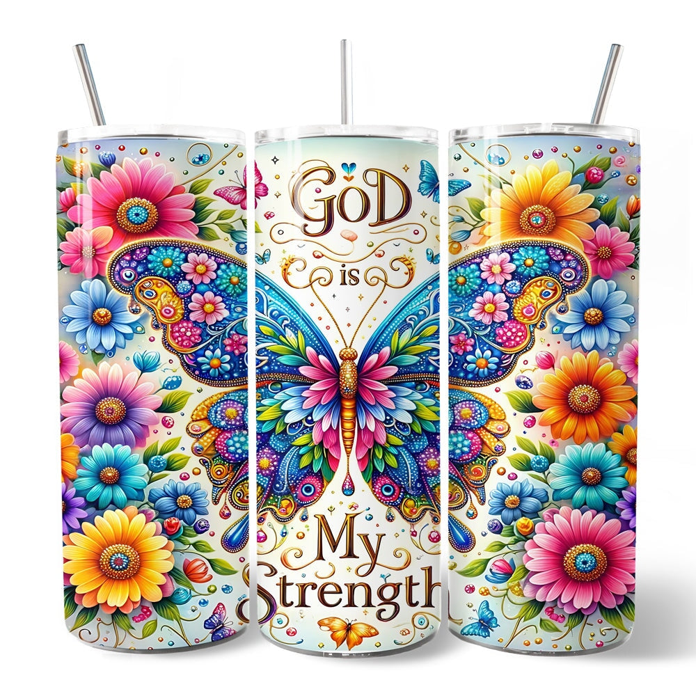 Three 20oz tumblers with lids and steel straws; colorful floral butterfly designs