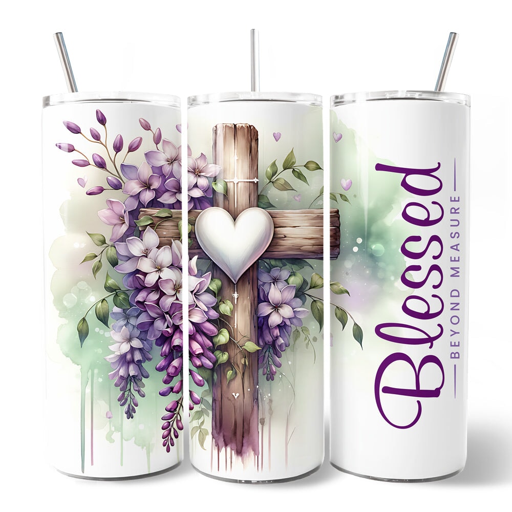 Three purple wisteria tumblers with lids and stainless straws, cross motif