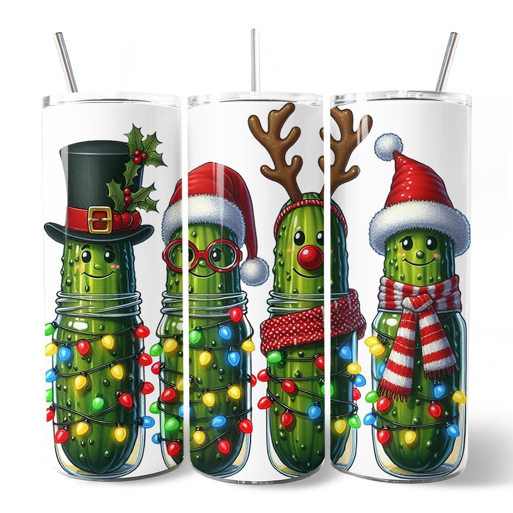 Personalized 20oz Christmas tumblers with lid and stainless straws, green pickle holiday print