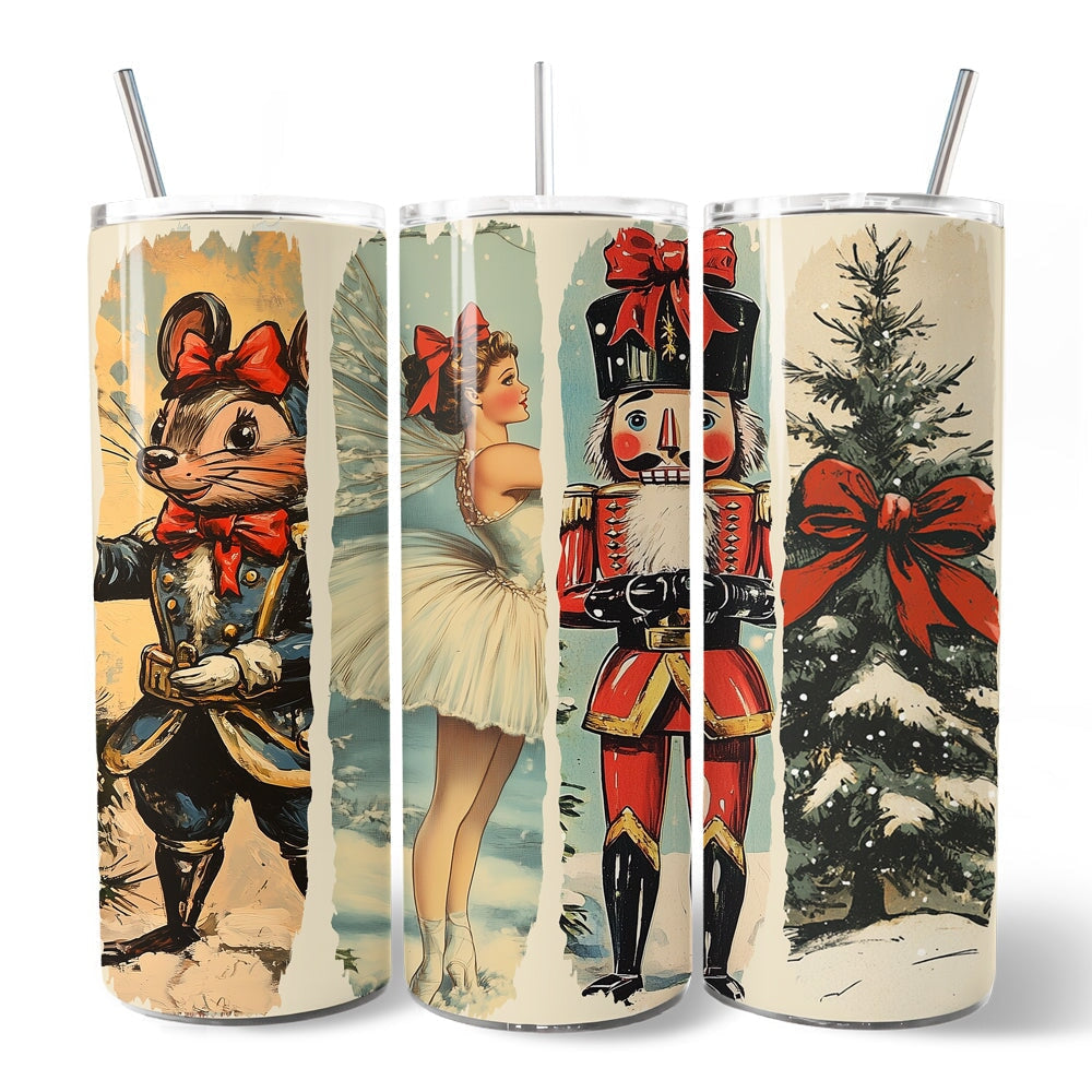 Insulated tumbler with lid and silver straw, four-panel nutcracker holiday artwork