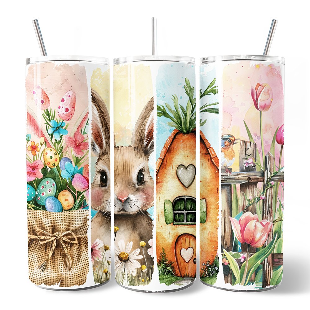 Set of four pastel Easter bunny floral tumblers with clear lids and stainless straws
