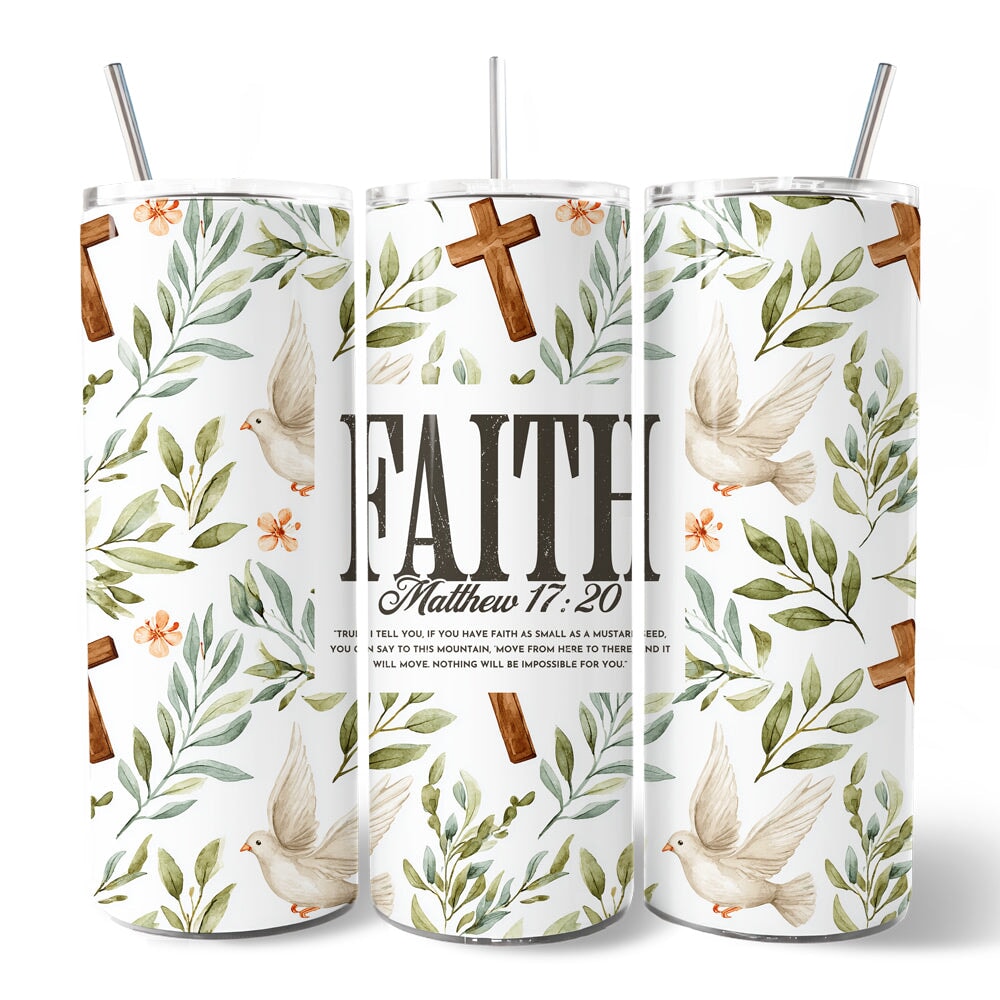 Set of three faith tumblers with lids and stainless straws; white leaf, dove, and cross