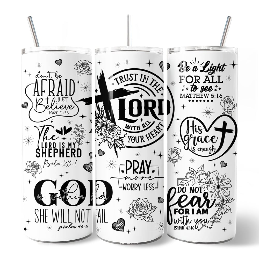 Set of three white 20oz tumblers with lids and stainless steel straws; floral bible verse prints