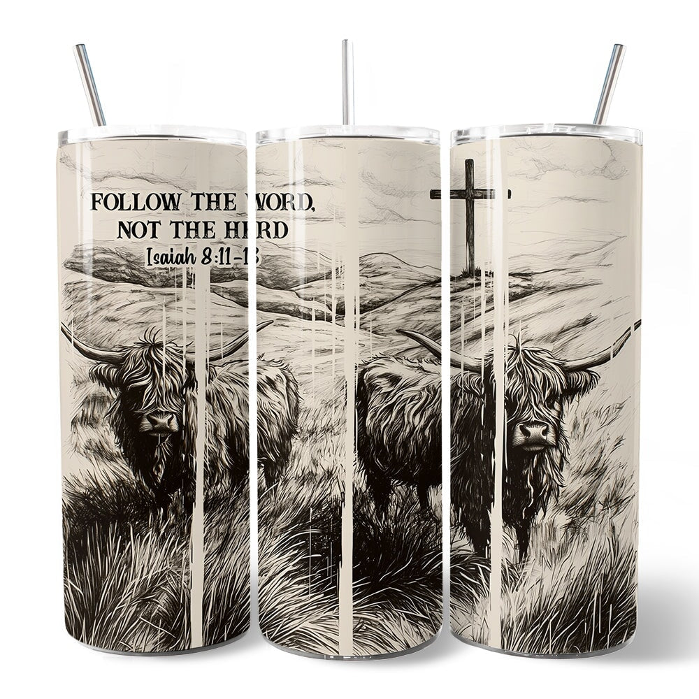 Set of three 20oz tumblers with lids and stainless straws; cow and verse print