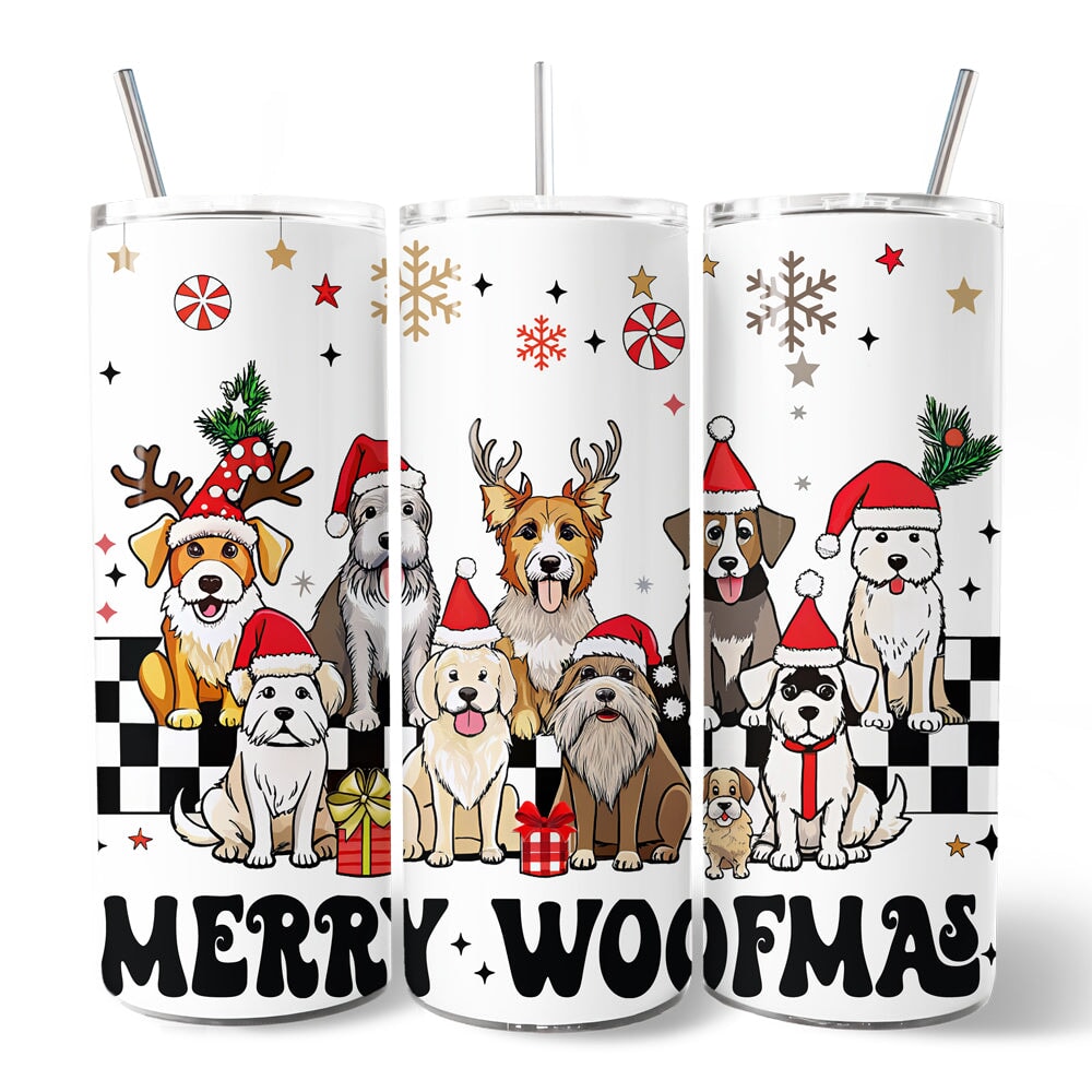20 oz tumbler with lid and straw, Merry Woofmas dogs in Santa hats design