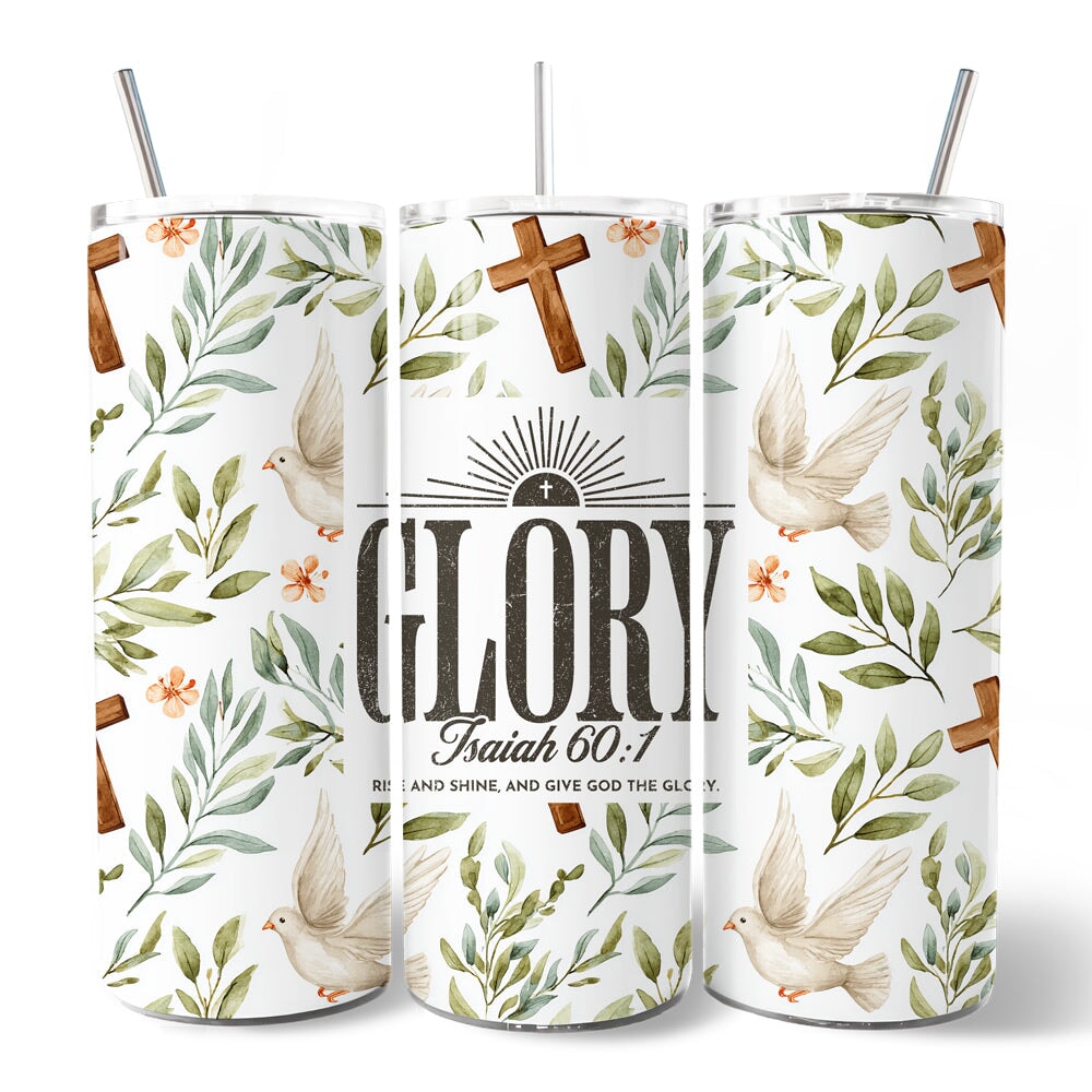Set of three 20oz Christian tumblers with lids and stainless straws, white with birds and cross