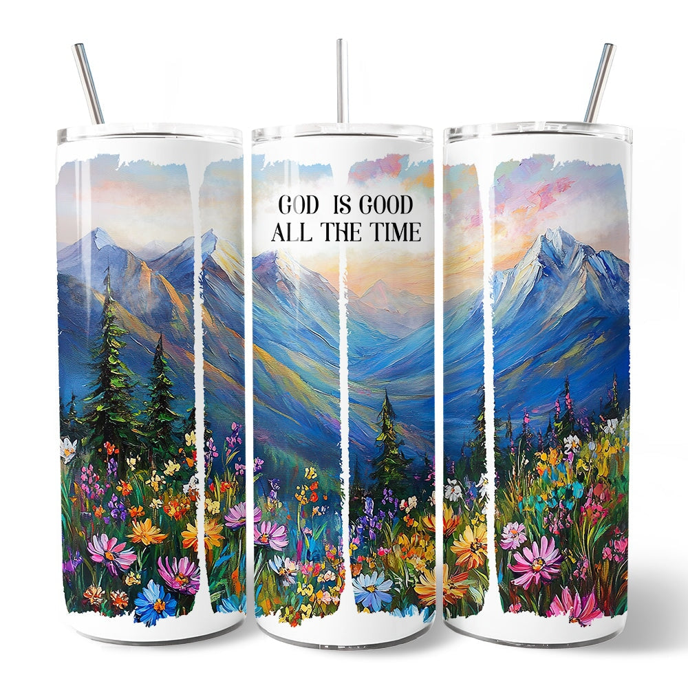 20oz personalized tumbler set with lid and metal straw, verse text over mountain landscape