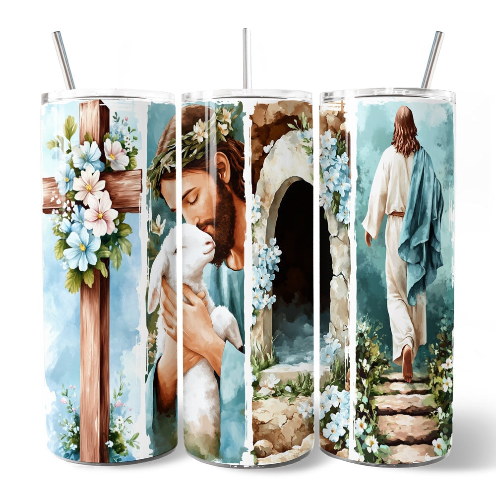 Three-pack Easter blue tumblers with lids and stainless straws, wide portrait floral print.