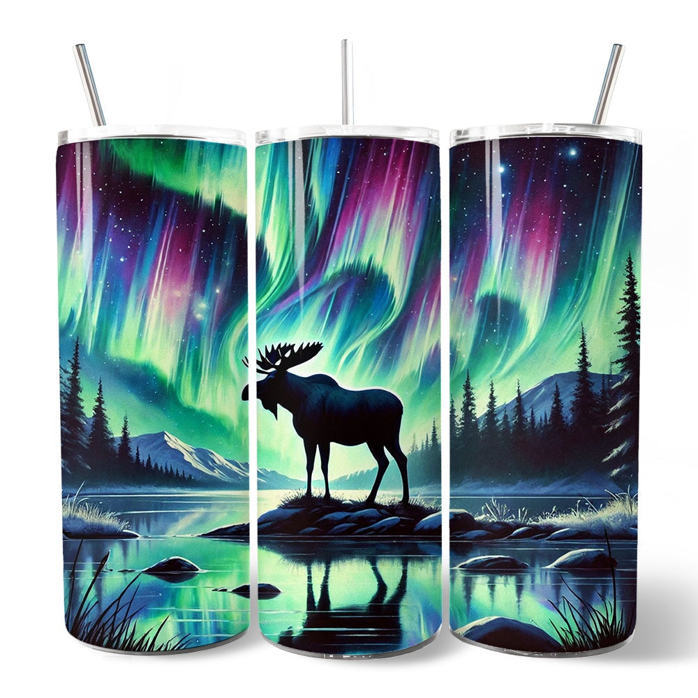 Set of three 20oz stainless tumblers with lids and metal straws, aurora moose print