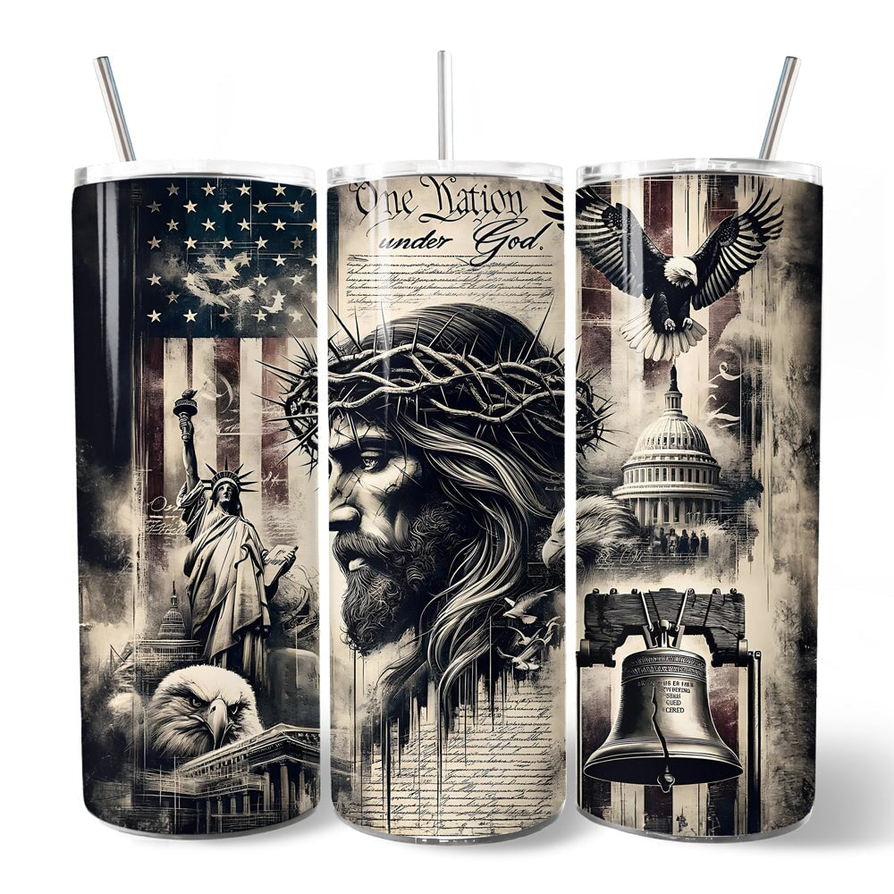 Set of three 20oz tumblers with clear lids and stainless straws, patriotic black-and-white collage