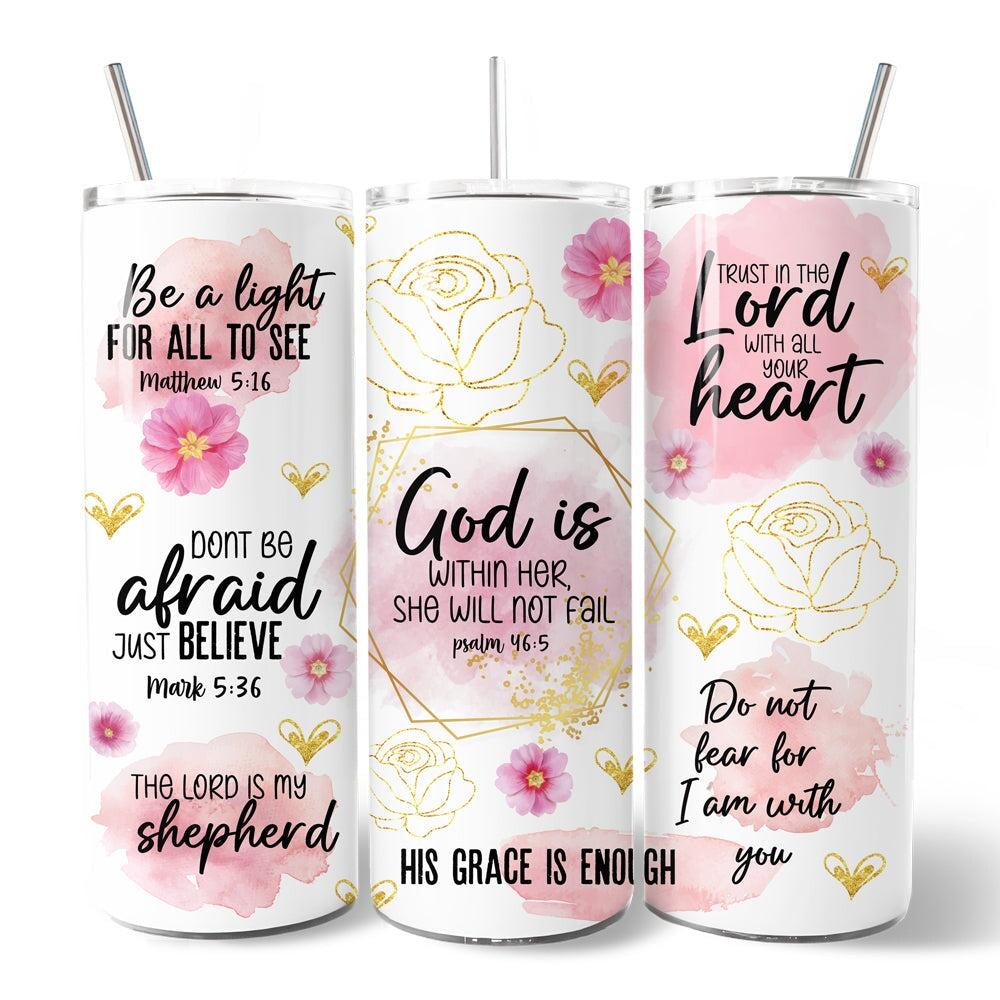Three pink floral Christian tumblers with lids and stainless steel straws, scripture designs