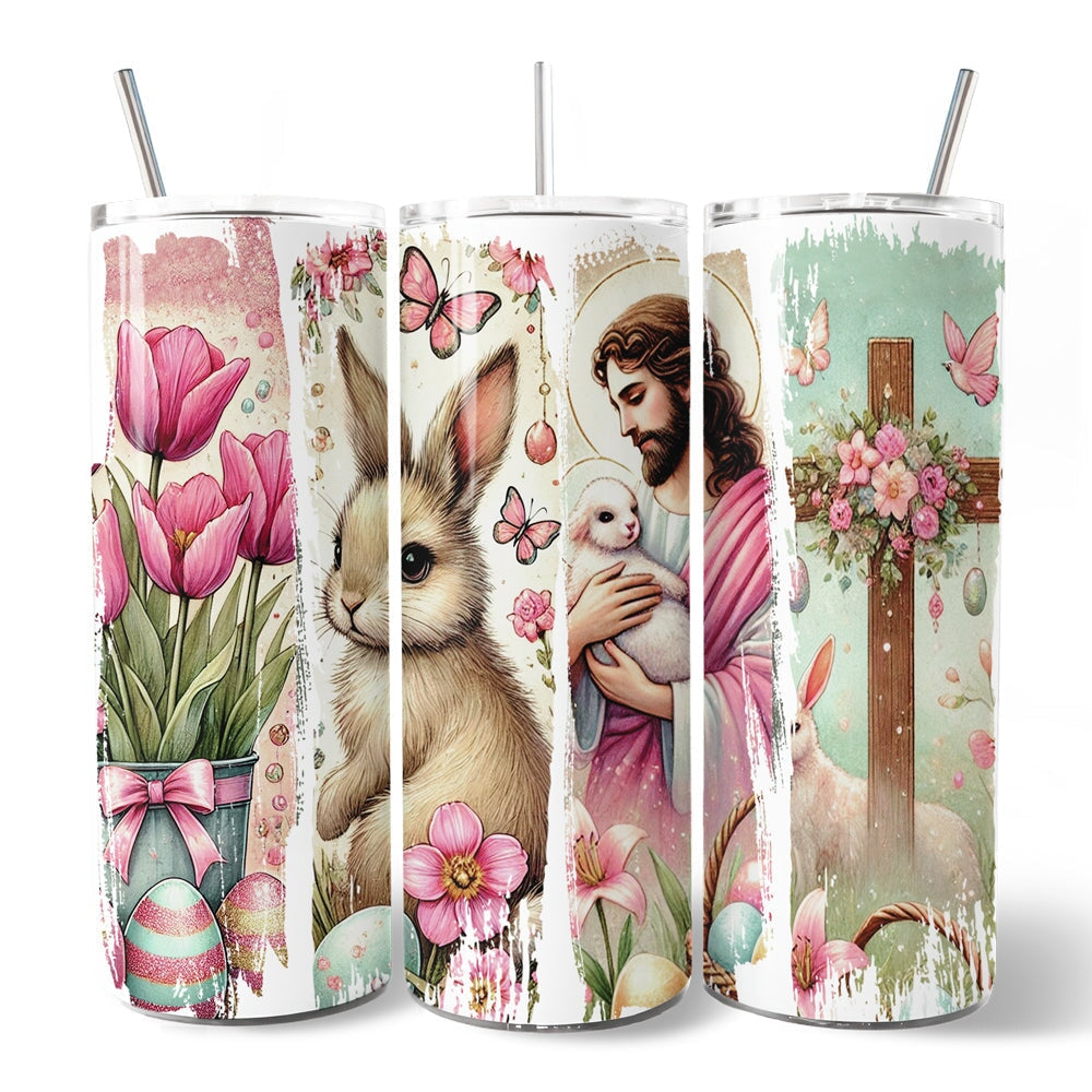 20oz Easter tumbler set with lid and stainless straw, three panels with rabbit and Jesus art