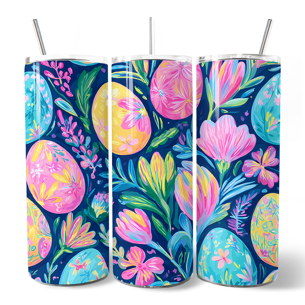 20oz tumbler set with lid and straws, Happy spring floral painted egg design