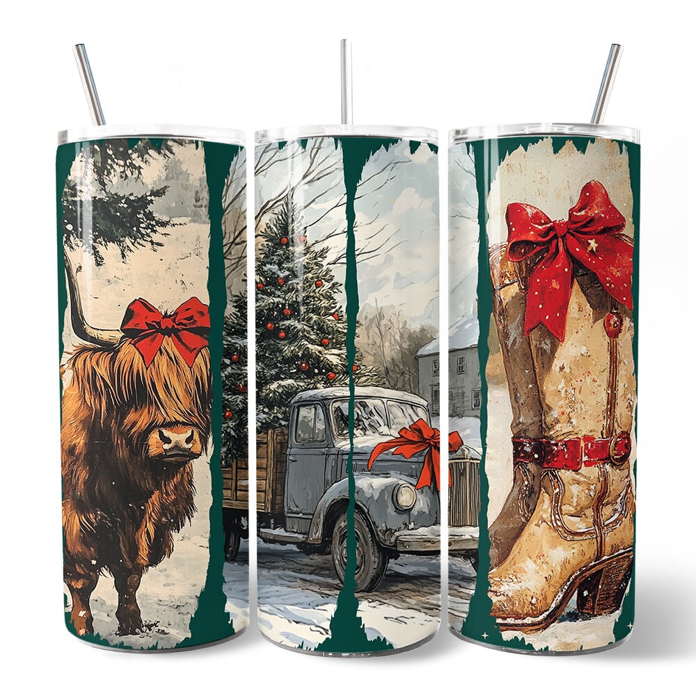 20oz personalized tumblers with lids and straw, three rustic western cow holiday designs
