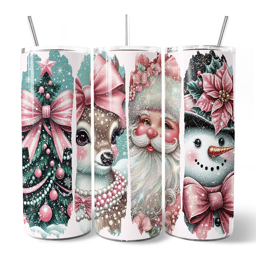 Personalized Christmas tumbler with lid and stainless straw, tree, reindeer, and snowman graphics