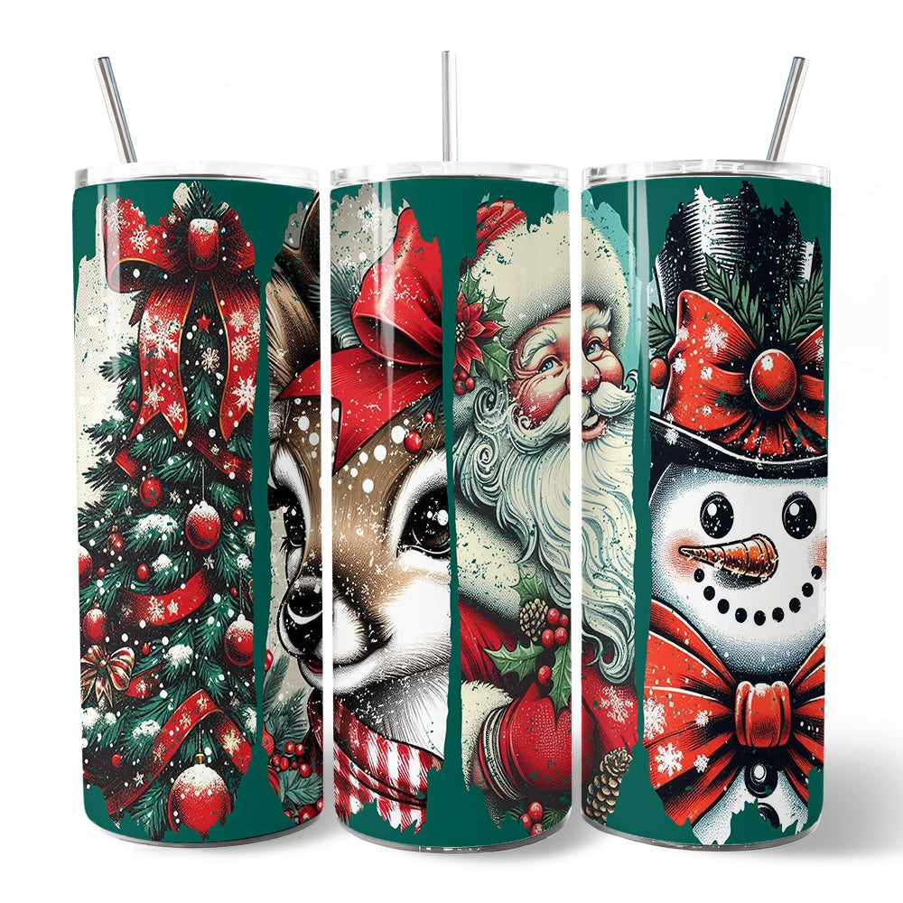 Green 20oz Christmas tumbler set with lid and stainless straw, Santa, reindeer, and snowman art