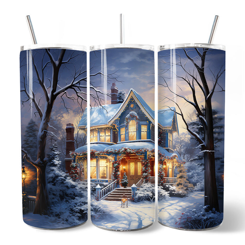 Winter cottage tumbler with lid and silver straw, three-panel snowy house illustration
