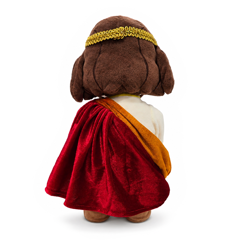 Plush Jesus toy back view, white robe with red cape and gold-trimmed hood.