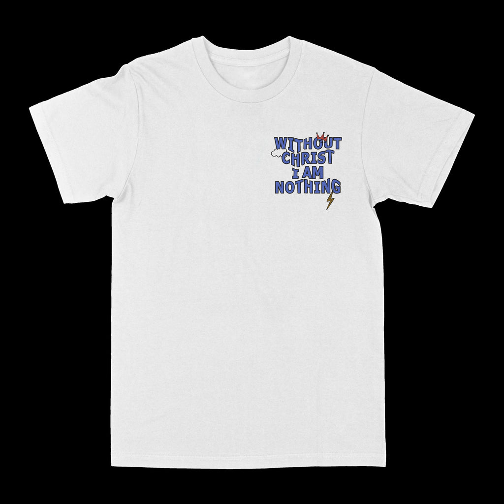 Cream graphic crew-neck T-shirt with small 'WITHOUT CHRIST I AM NOTHING' logo print