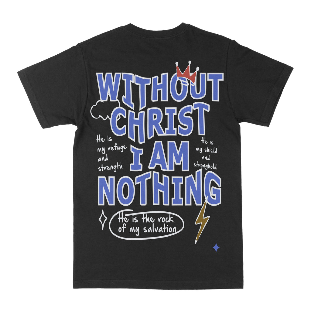 Black graphic crew-neck T-shirt with large 'WITHOUT CHRIST I AM NOTHING' print