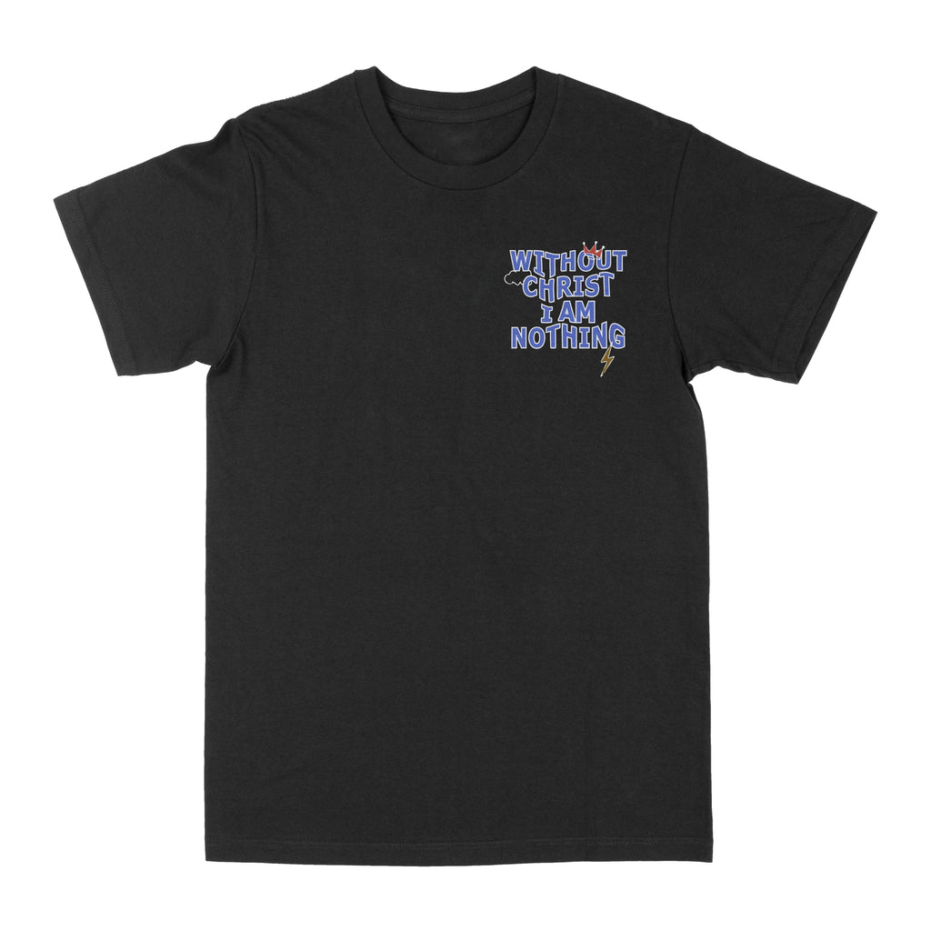 Black graphic crew-neck T-shirt with small 'WITHOUT CHRIST I AM NOTHING' logo print