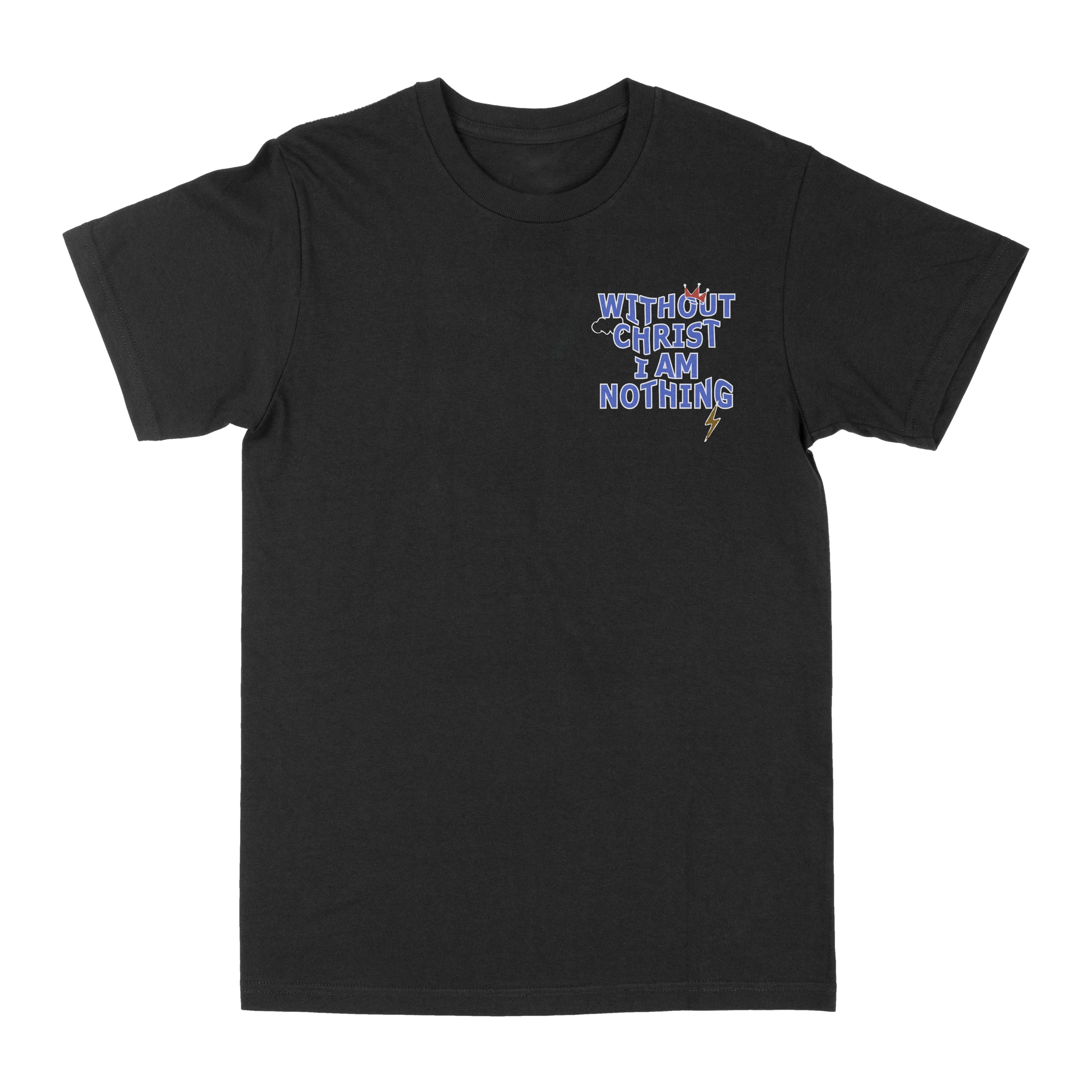 Black graphic crew-neck T-shirt with small 'WITHOUT CHRIST I AM NOTHING' logo print