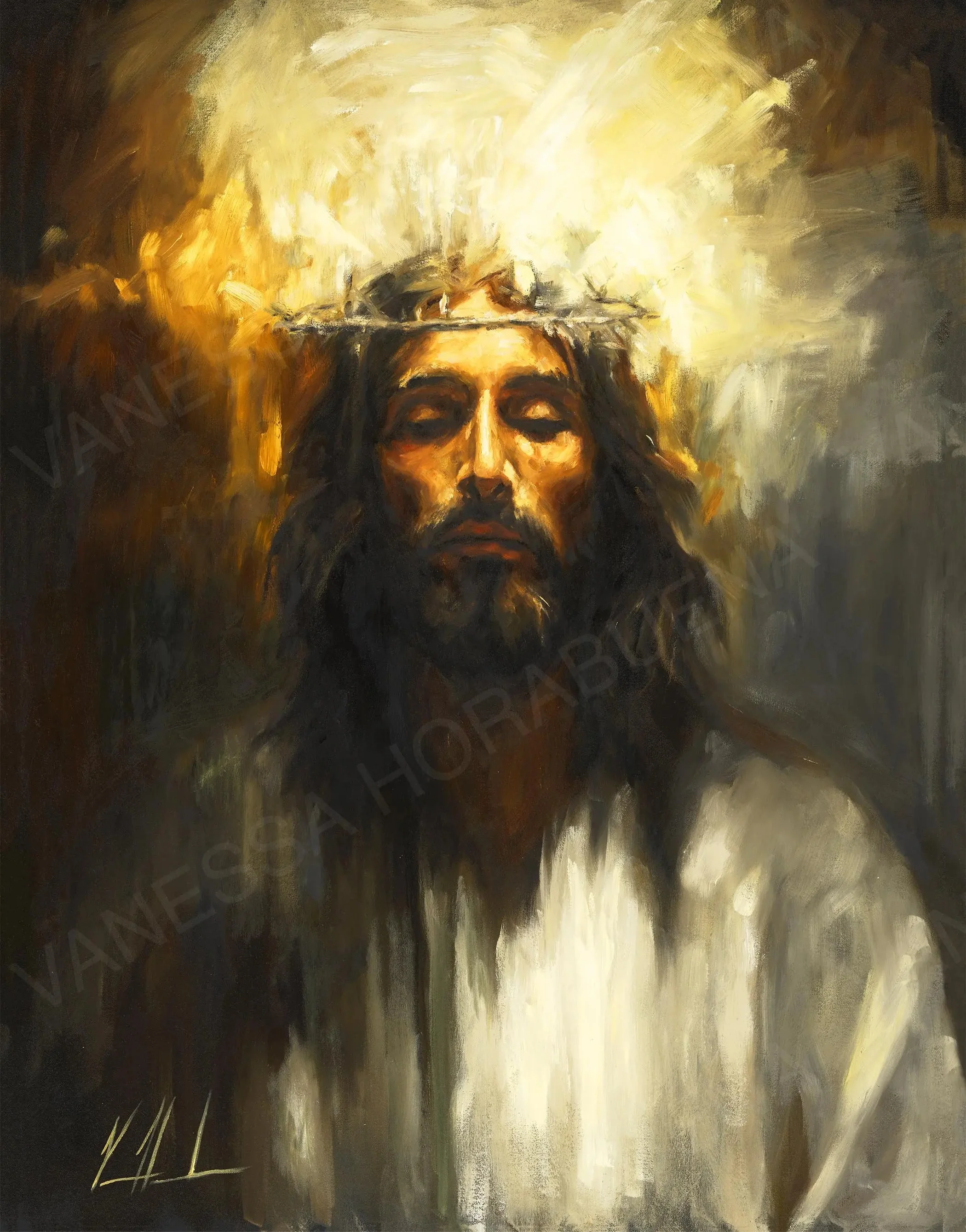 Holy One portrait artwork of a bearded man with glowing halo and white robe, close view