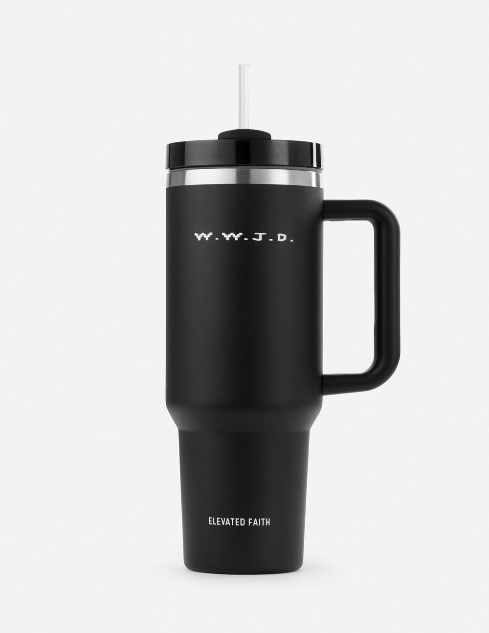 Black insulated tumbler with lid, straw, and side handle, marked with WWJD logo.