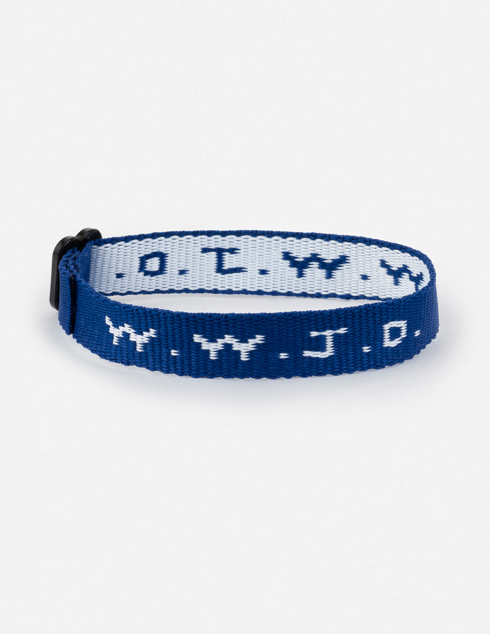 WWJD bracelet, blue fabric with white repeating symbol pattern and clasp