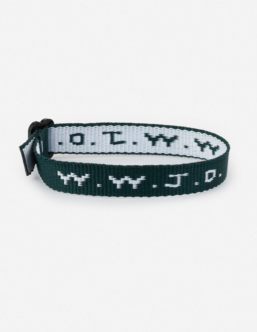 WWJD bracelet, forest green fabric with light repeating symbol pattern and clasp