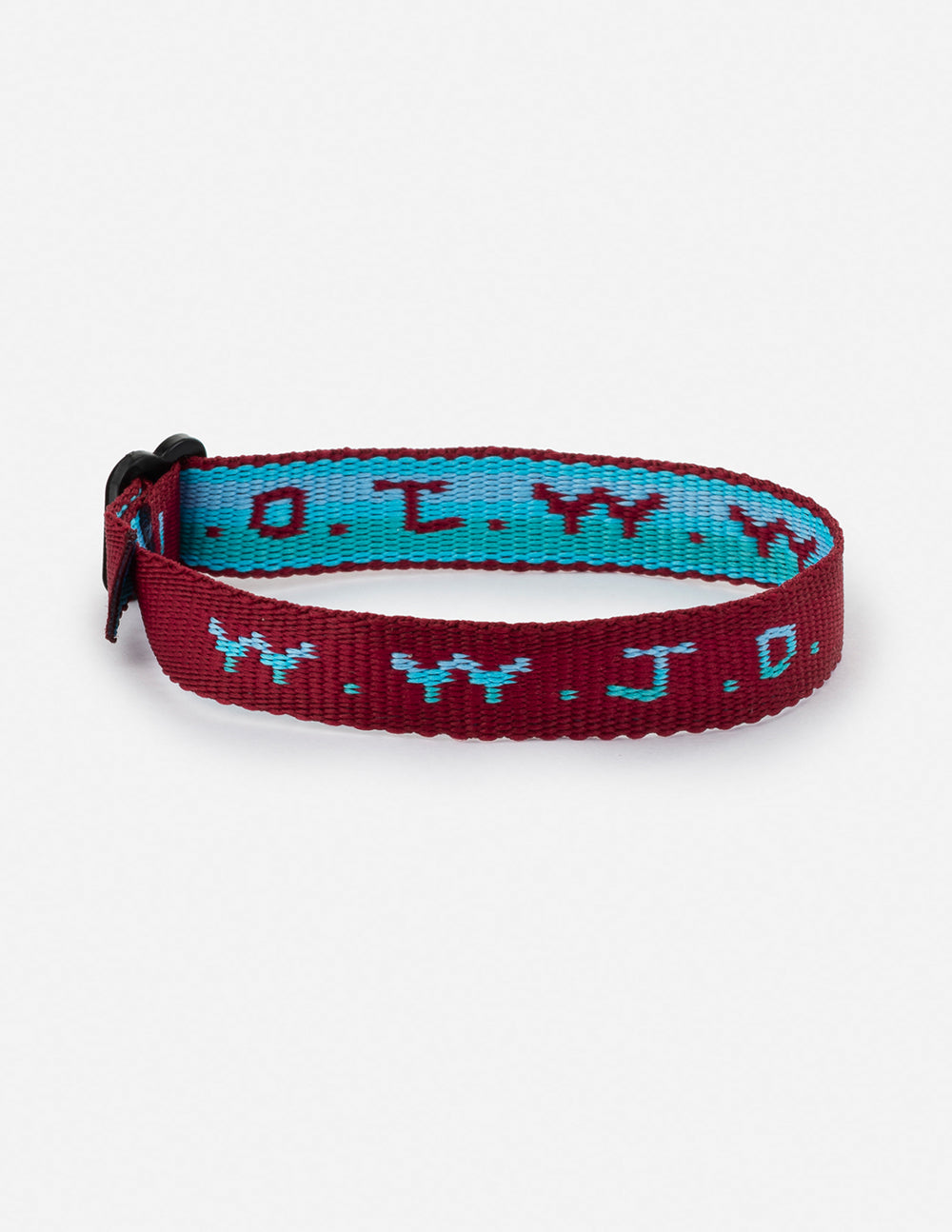 WWJD bracelet, maroon fabric with light repeating symbol pattern and clasp