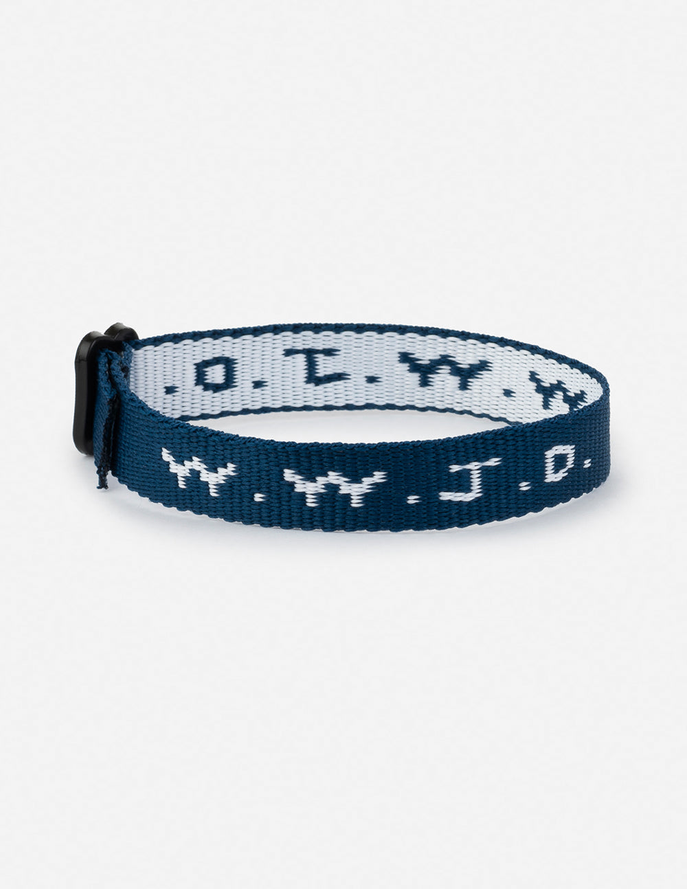WWJD bracelet, navy fabric with white repeating symbol pattern and clasp