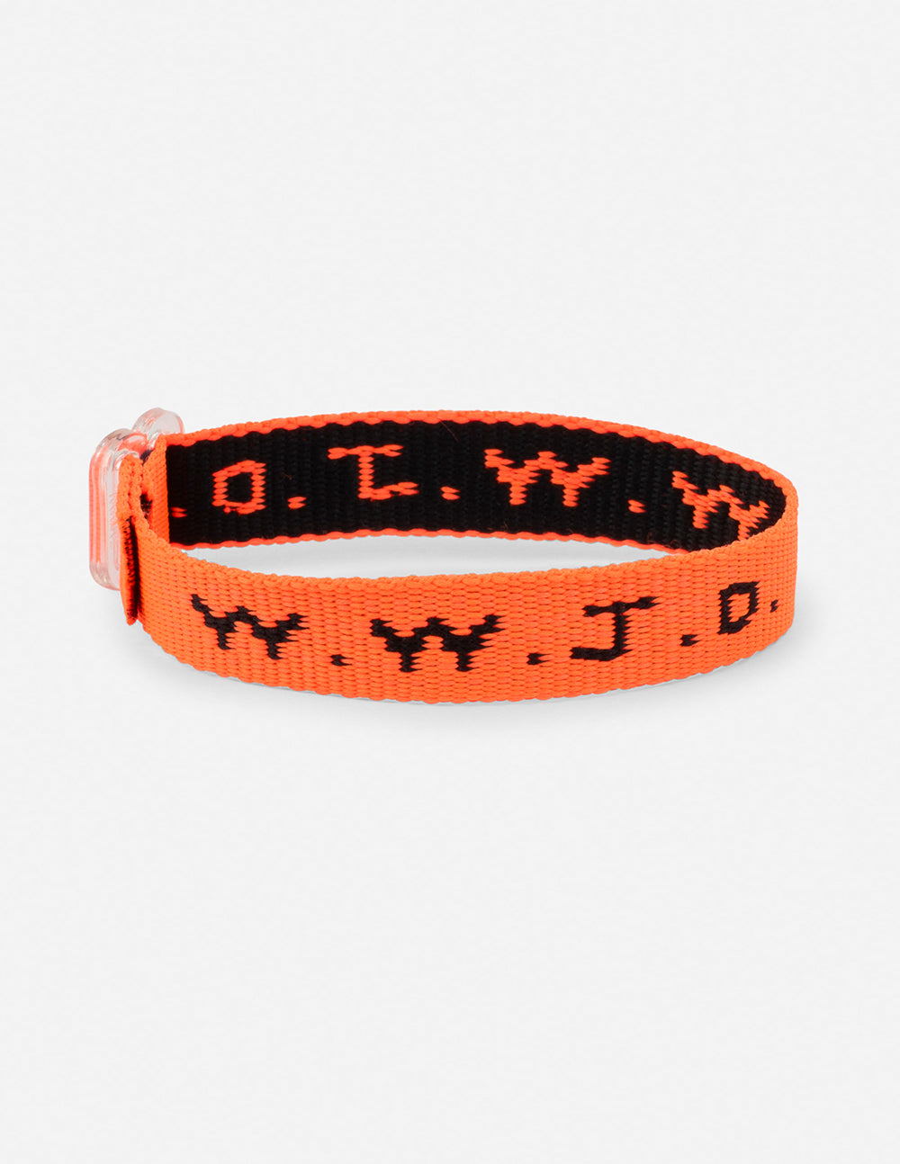WWJD bracelet, neon orange fabric with black repeating symbol pattern and clasp