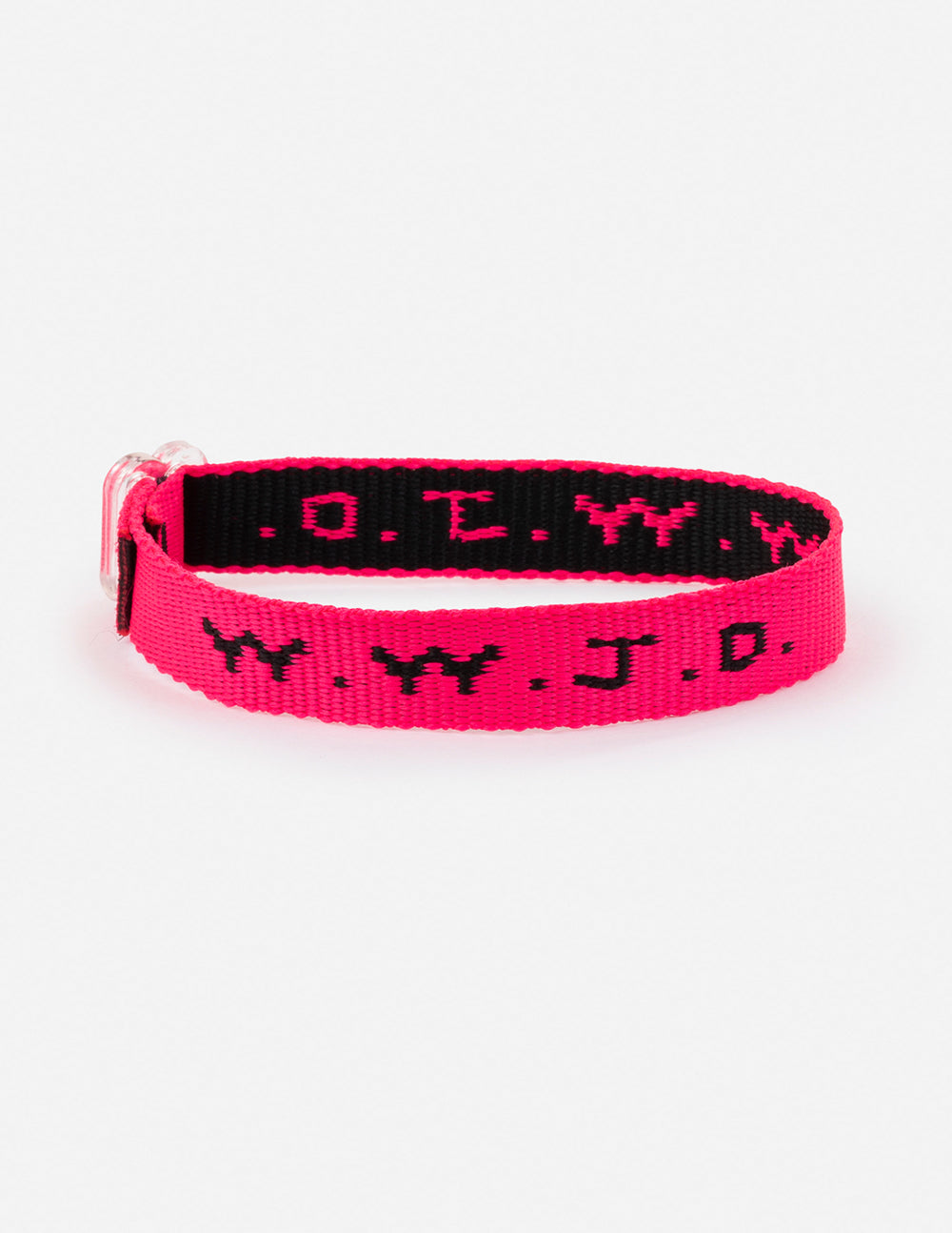 WWJD bracelet, neon pink fabric with black repeating symbol pattern and clasp