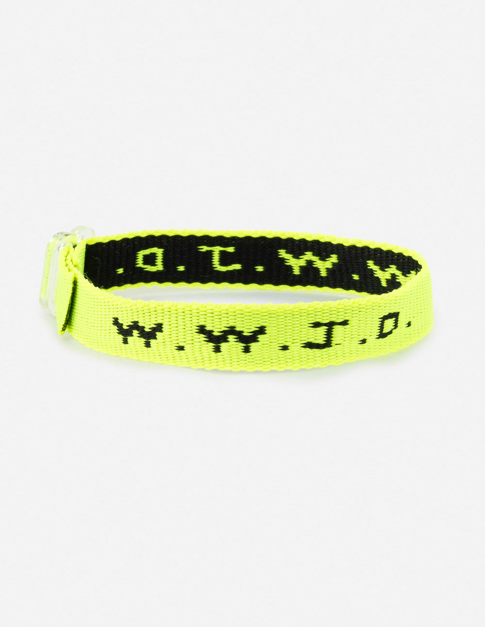 WWJD bracelet, neon yellow fabric with black repeating symbol pattern and clasp