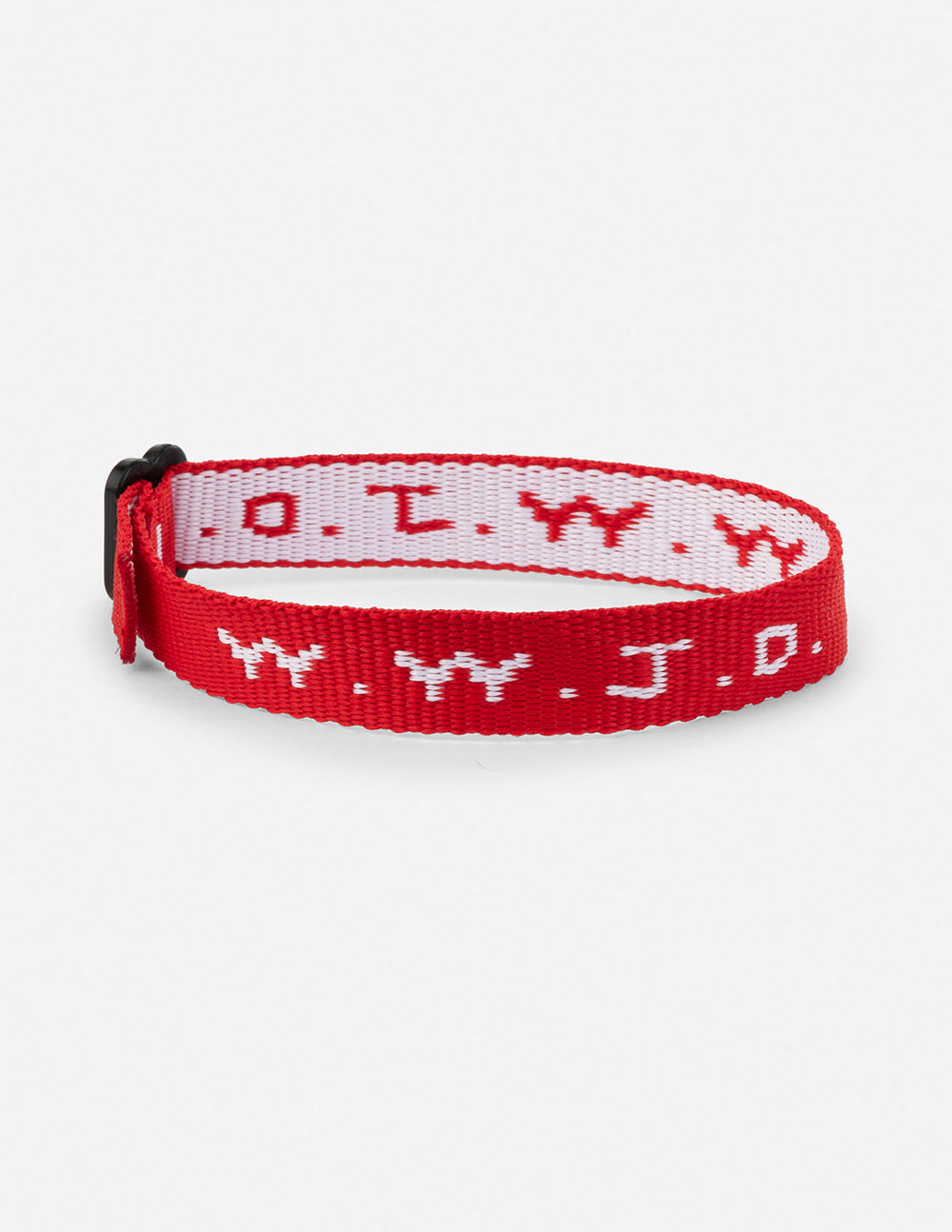 Red fabric WWJD bracelet with white text symbols, adjustable clasp and black ends