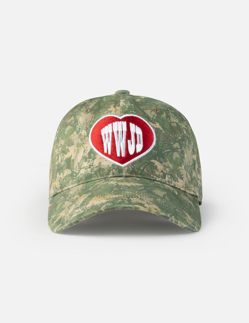 WWJD camo baseball cap with red heart logo patch on the front panel