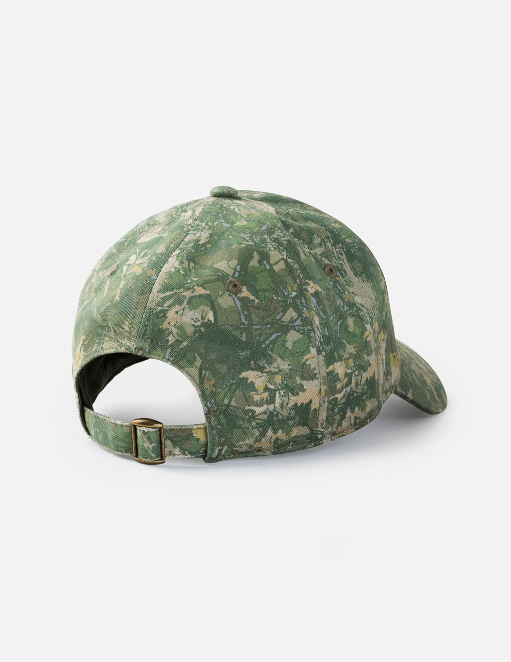 Green camo hat with WWJD patch and adjustable metal buckle strap