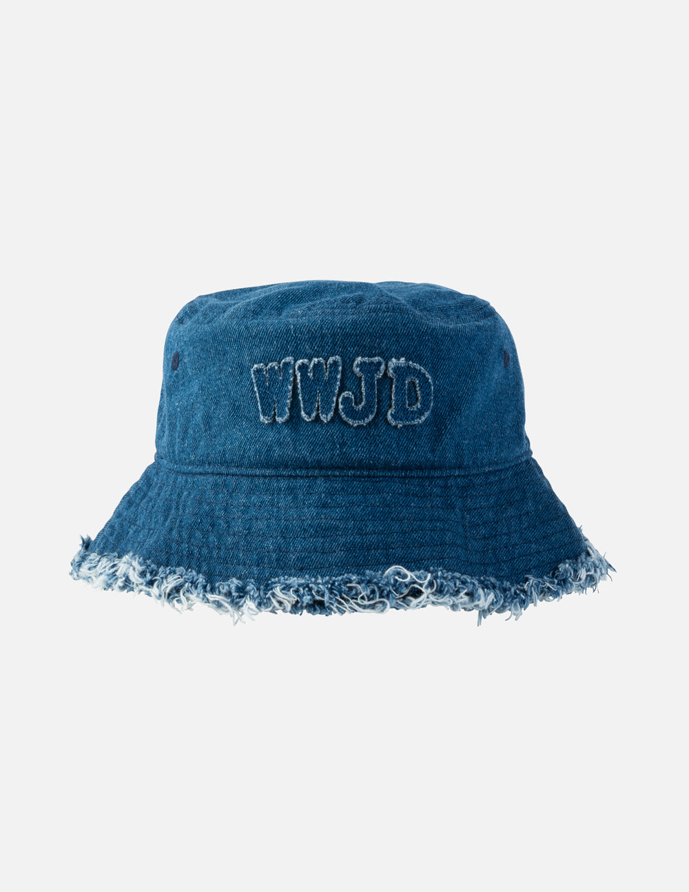 Kids denim bucket hat with embroidered WWJD logo and frayed brim, blue