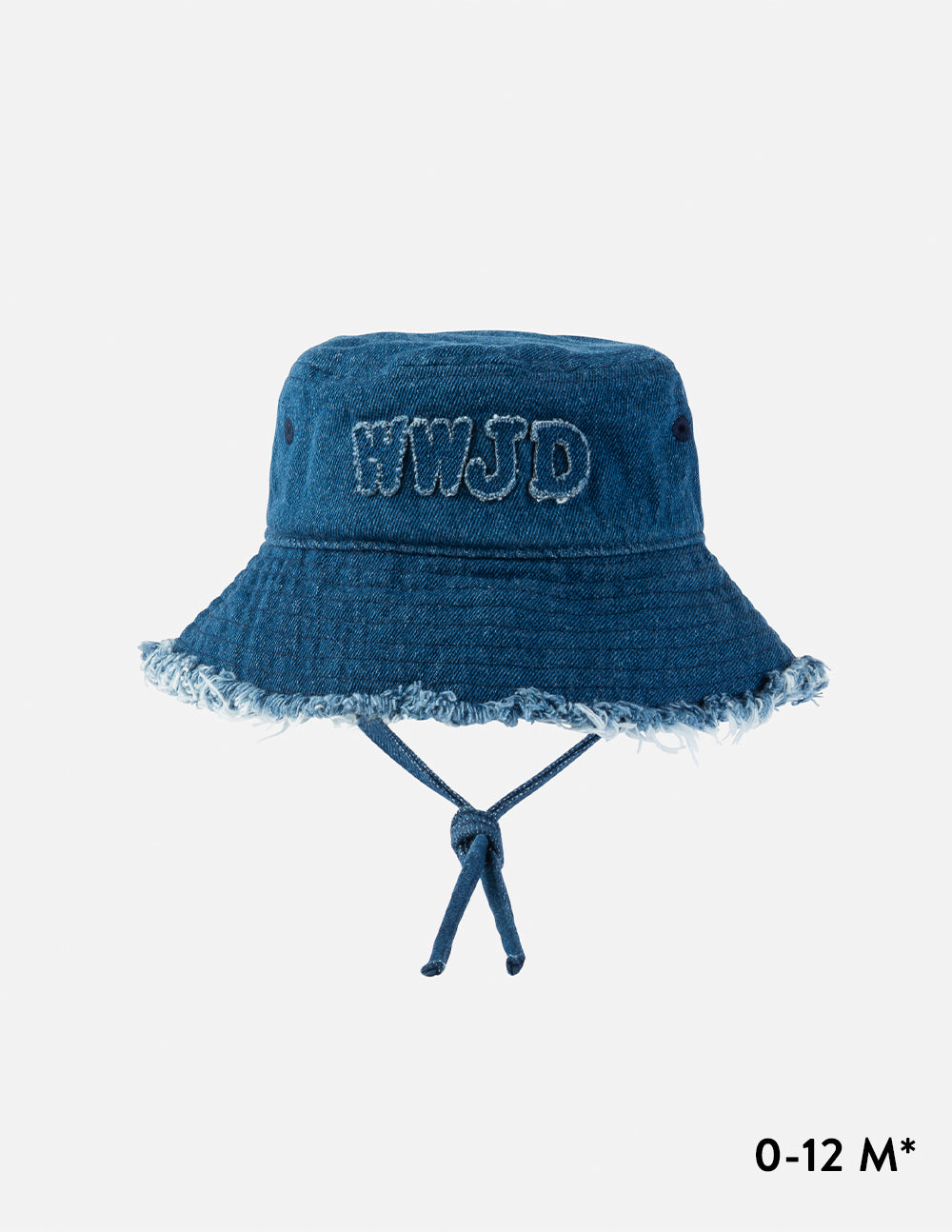 Kids denim bucket hat with embroidered WWJD front and chin tie, blue