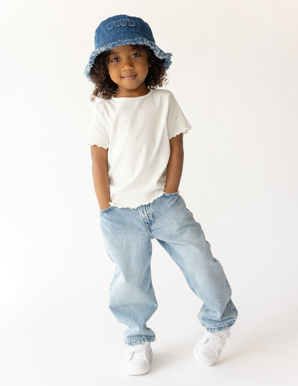 Kids denim bucket hat with embroidered WWJD logo and frayed trim, blue