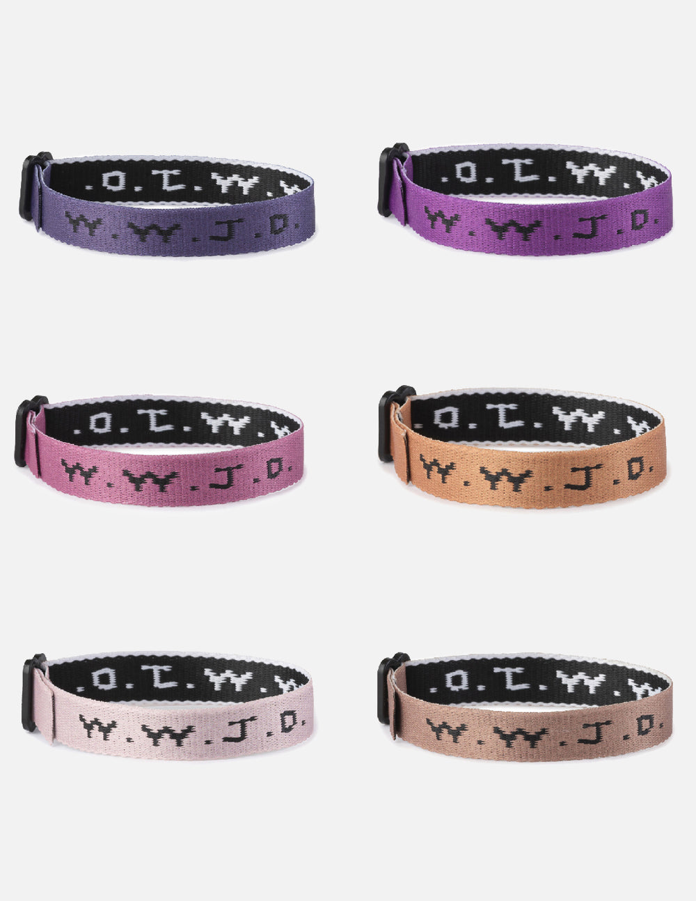 Set of six WWJD woven adjustable bracelets with clasp, navy purple peach pink and tan