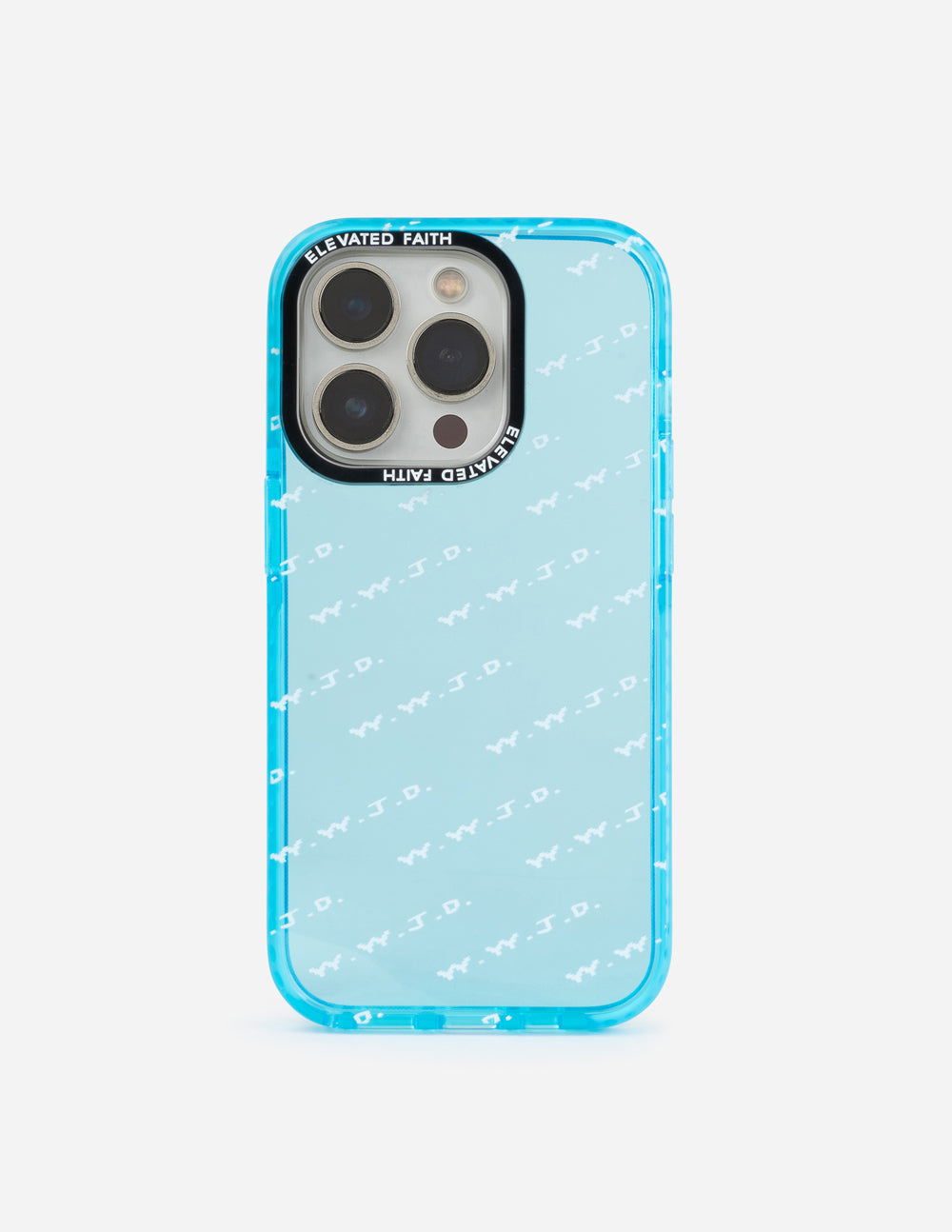 Blue phone case with repeating white WWJD pattern, triple camera cutouts