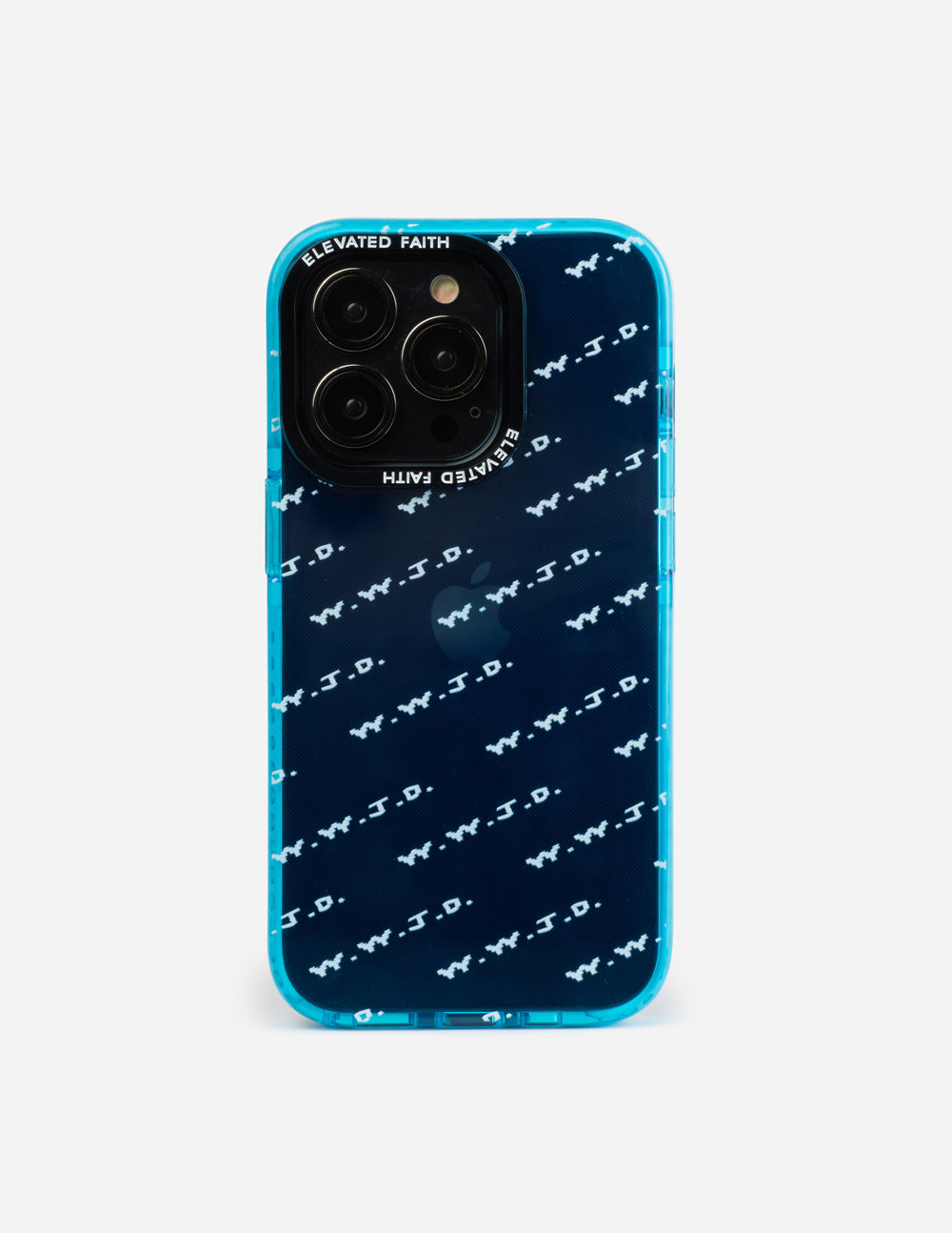 Blue phone case with repeating white WWJD pattern, four-camera cutout