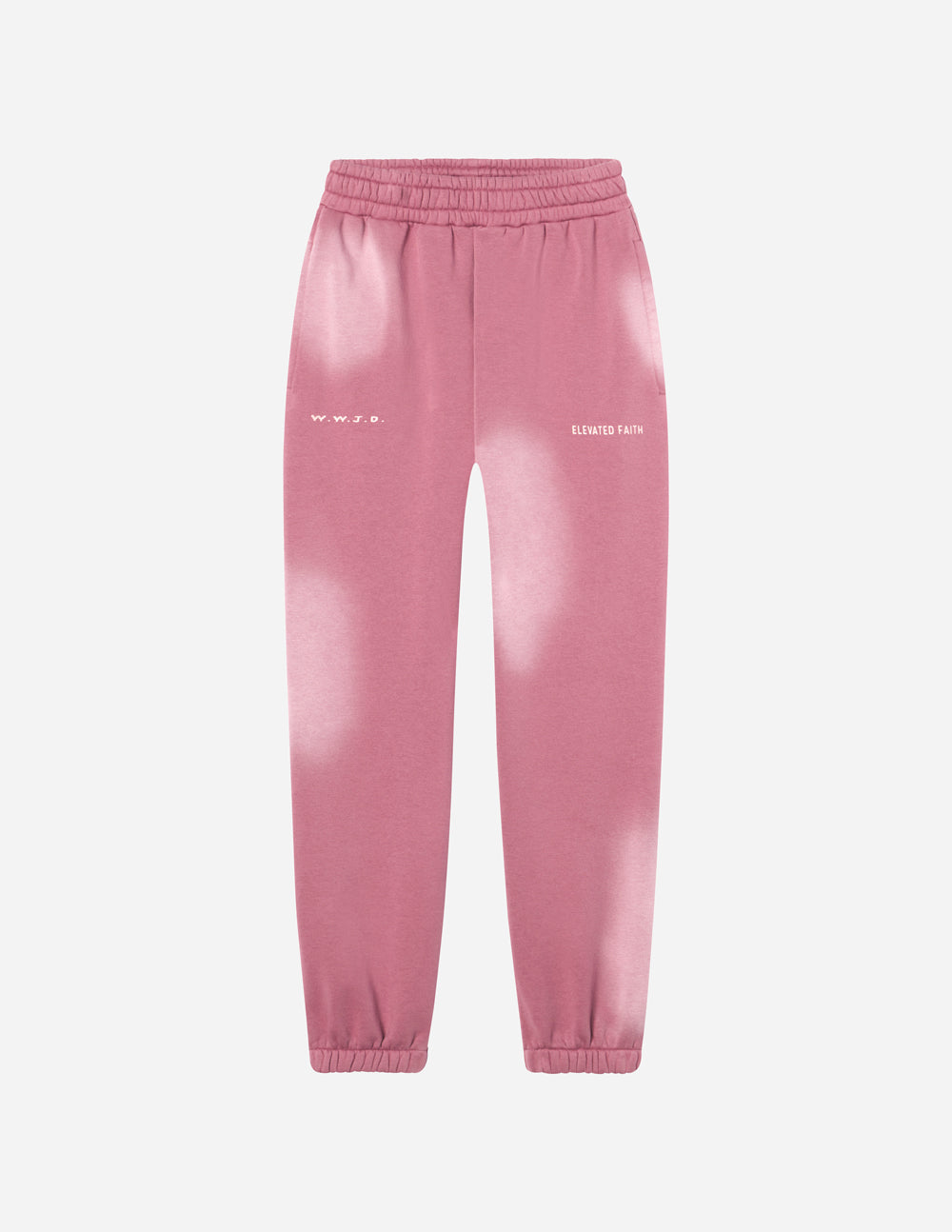 Pink sweatpants flat lay with elastic waist and cuffed hems