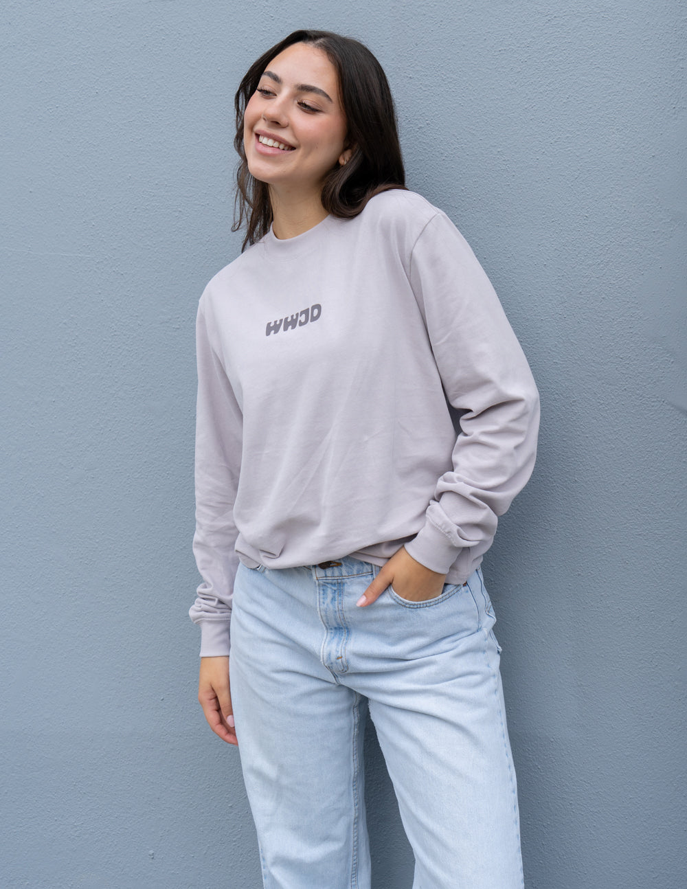 Unisex long-sleeve T-shirt, lavender with WWJD logo, crew neckline