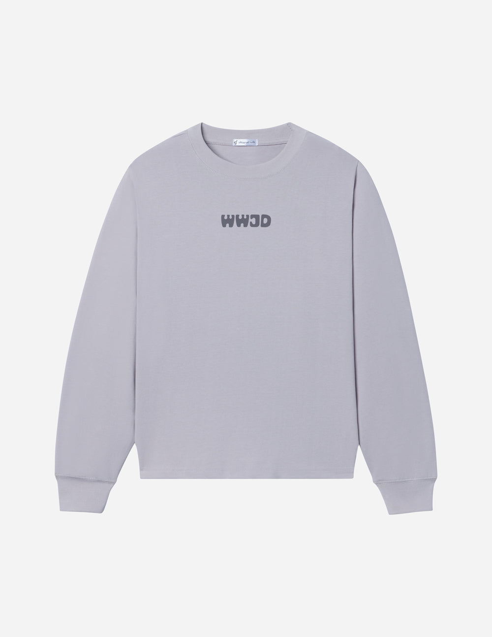 Unisex long-sleeve T-shirt, light purple crewneck with small WWJD logo
