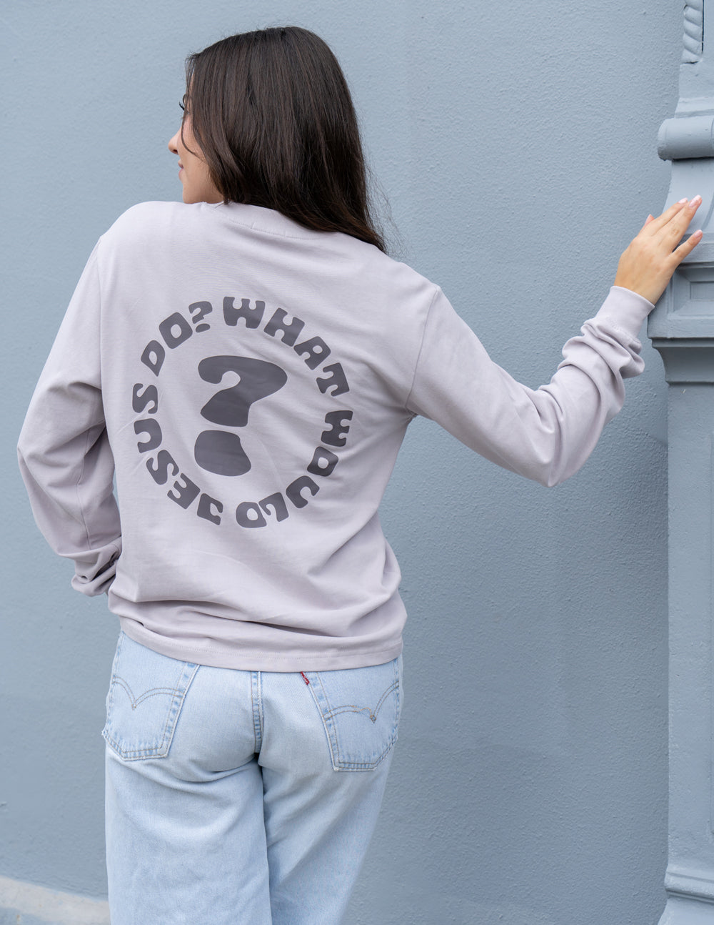 Unisex long-sleeve T-shirt, lavender with large back WWJD graphic